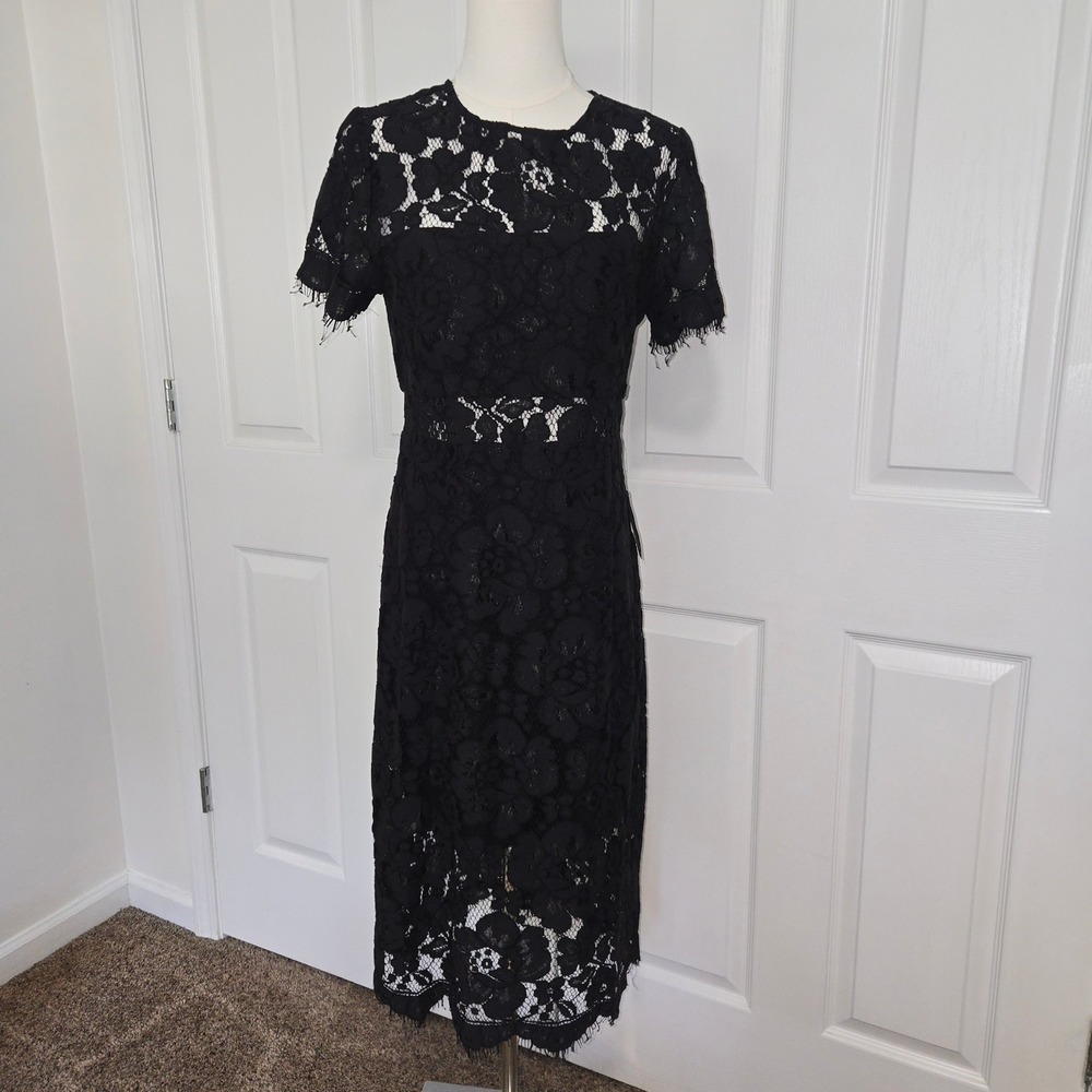 NSR Lace Midi Dress Womens Medium Black Floral Short Sleeve‎ Eyelash Trim CD9857